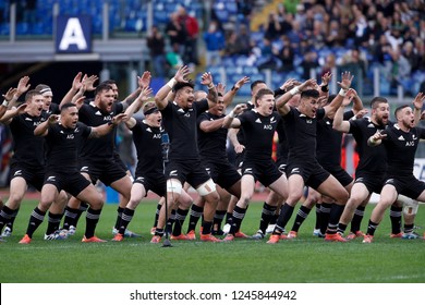 Italy, Rome, november 24 2018: the haka maori of team New Zealand All blacks before kick off about rugby International match ITALY vs NEW ZEALAND ALL BLACKS, at Olimpico stadium