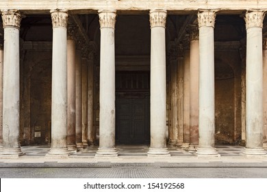 Italy Rome Pantheon Ancient Historic Landmark Temple Of Roman Empire Civilisation Portic Entrance Colonnade With Bronze Doors 