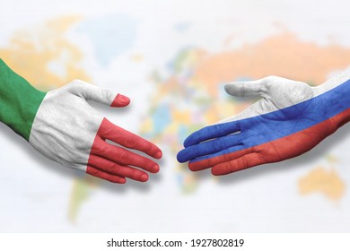 Italy And Russia - Flag Handshake Symbolizing Partnership And Cooperation