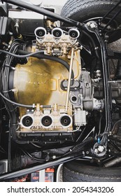 Italy, September 11 2021. Vallelunga Classic. Vintage Shiny Race Car Engine Close Up High Angle View