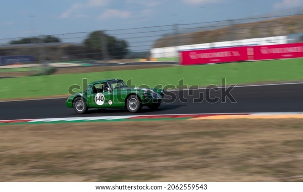 Italy,\
september 11 2021. Vallelunga classic. 60s vintage car racing\
scenic blurred background on racetrack, MG A\
1600