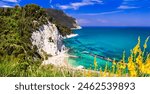 Italy summer holidays, best scenic sea landscape and beaches of Riviera del Conero- natural park near Ancona. View of picturesque beach Spiaggia del Frate