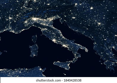 Italy Top View From Space At Night. Map Of Italy In Satellite Picture. Aerial Photo Of Mediterranean Europe, Detail. Dark Land And Seas, City Lights In Italy. Elements Of This Image Furnished By NASA