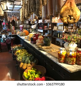 Italy, Tuscany, March 07, 2018, Inside A Local Food Store Displays A Variety Of Local Vegetables, Ham And Local Production