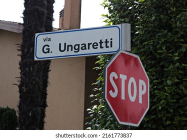 Italy: Two Road signal (1- Ungaretti Street. 2) Stop).