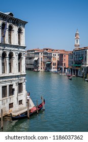 Italy, Venice, August 22, 2010: View of the Grand Canal near the Rialto Bridge on a sunny day.