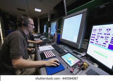 Italy, Venice International Airport; 14 September 2011, Air Traffic Controllers At Work In The Flight Control Tower At Night - EDITORIAL