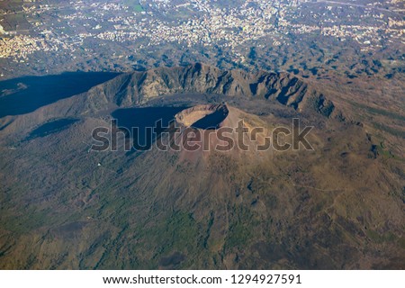 Italy volcano Vesuvius seen from above. Mount Vesuvius is a somma-stratovolcano located on the Gulf of Naples in Campania, Italy.