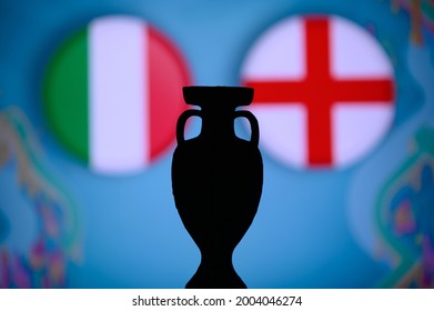 Italy vs England, football final match, soccer trophy silhouette. game in Wembley, London