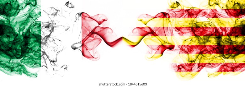 Italy vs Spain, Catalonia, Catalan, Senyera smoky mystic flags placed side by side. Thick colored silky abstract smoke flags