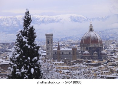 Italy,Tuscany,Florence In Winter With Snow.