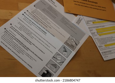 Itasca County, Minnesota, USA - July 28, 2022: Voting instructions accompany ballots in official 2022 election paperwork Managed by the United States Postal Service. 2I9A2326