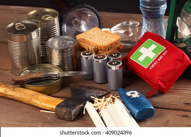 Items for emergency on wooden table