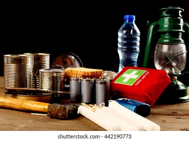 Items for emergency on wooden table