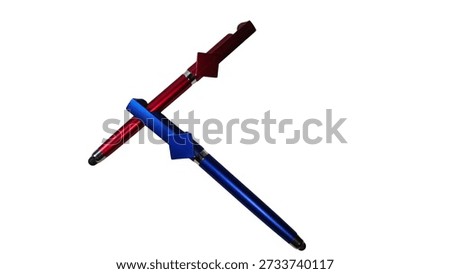 The items are multi functional stylus pens that feature an all metal body with a lustrous, anodized finish in both a vibrant red and a sleek blue color. These styli are designed with an angular, almost diamond shaped cap that ingeniously functions as a mobile phone holder or stand. Each pen offers universal capacitive touch screen functionality on one end, and a standard ballpoint writing tip on the other, providing a stylish and versatile three in one stationery solution for various modern devices and everyday writing needs.