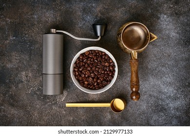 Items For Preparing Turkish Coffee, Flat Lay, Top View, Close-up