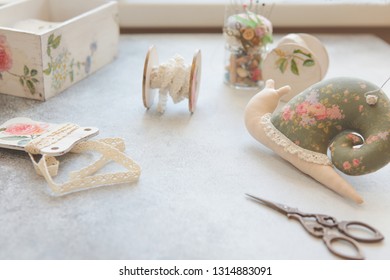 items for sewing on the table, interior sewing workshop