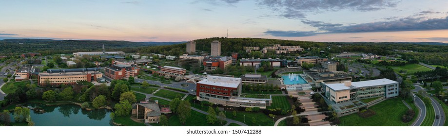 ITHACA, NEW YORK - MAY 18, 2019: Ithaca College Campus In Upstate, New York, Aerial Drone Panorama View