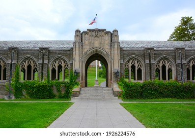 ITHACA, NEW YORK - SEPT 26, 2018: War Memorial At Cornell University, The Cloister Contains Sixteen Panels Engraved With The Names Of Students, Alumni And Faculty Who Died In World War I.