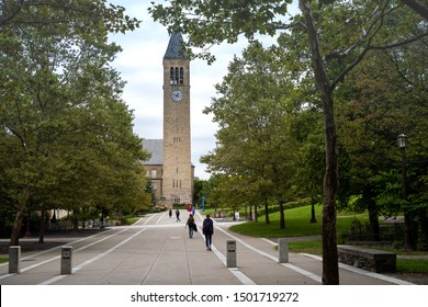 Ithaca, New York, September 1, 2019: Students Walk On Main Walkway Leading Up To McGraw Clock Tower, Cornell University, Start Of The Fall Semester.