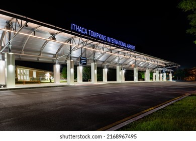 Ithaca, New York USA - June 16 2022:  Late Evening Photo Of The Front Curb Side Of The Ithaca Tompkins County International Airport Arrivals And Departures Canopy. 