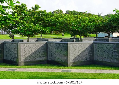 ITOMAN CITY, JAPAN -2 JUL 2017- Exterior View Of The Cornerstone Of Peace, A War Memorial To American And Japanese Soldiers Lost In The Battle Of Okinawa During World War 2. 