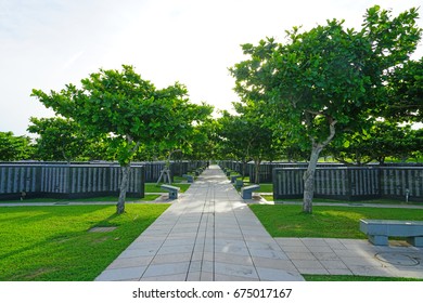 ITOMAN CITY, JAPAN -2 JUL 2017- Exterior View Of The Cornerstone Of Peace, A War Memorial To American And Japanese Soldiers Lost In The Battle Of Okinawa During World War 2. 