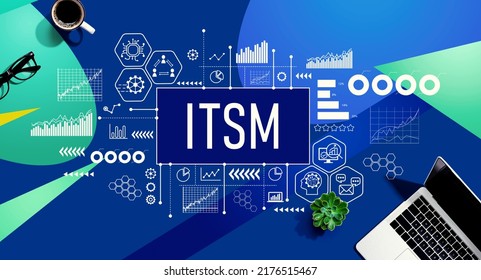 ITSM - Information Technology Service Management theme with a laptop computer on a blue and green pattern background