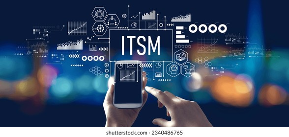 ITSM - Information Technology Service Management theme with person using a smartphone in a city at night