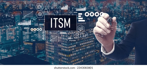 ITSM - Information Technology Service Management theme with businessman in a city at night