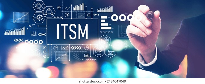 ITSM - Information Technology Service Management theme with a businessman in a blurred city lights at night