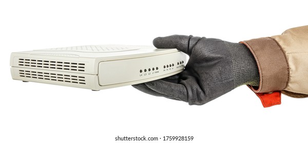 IT-specialist Hand In Black Protective Glove Holding VoIP Gateway Isolated On White Background