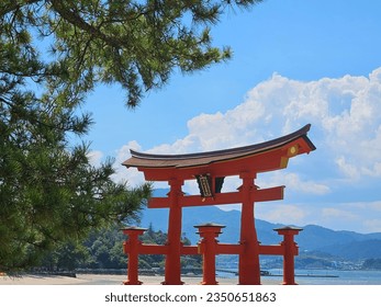 Itsukushima Shrine (厳島神社 (嚴島神社) with evergreen in foreground and cloudy sky in background