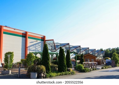 Itzehoe, Germany - Jun 2010: View Of Hagebaumarkt Outdoor Store In Summer With Sunny Blue Sky Background. Product Retail Of Hardware, Building Materials, Wood, Tiles And Garden. No People.