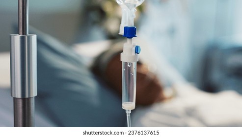 IV drip, health and medicine with patient in hospital, treatment and surgery with healing pr rehabilitation. Person at clinic, healthcare with medication or liquid for infusion, service and recovery - Powered by Shutterstock