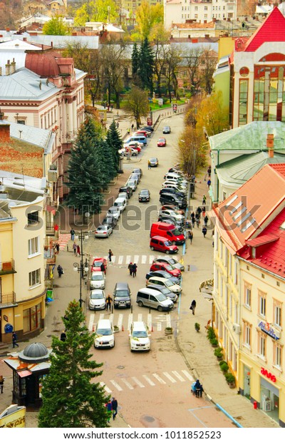 Ivano-Frankivsk /\
Ukraine - 29 October 2017 / Ukraine: view to Ivano-Frankivsk from a\
bird\'s eye view with cars parked on the street of the city. 29\
October 2017 Ivano-Frankivsk,\
Ukraine.