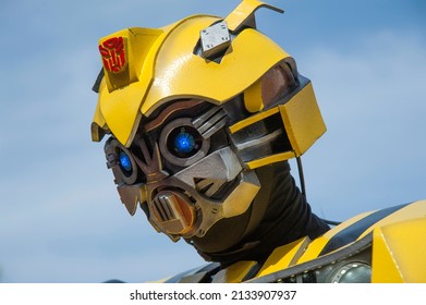  IVANO-FRANKIVSK, UKRAINE - APRIL 15, 2018: Close-up of the head of Bumblebee from the Transformers on display in plaza