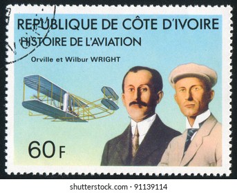 IVORY COAST CIRCA 1977: Stamp Printed By Ivory Coast, Shows Orville And Wilbur Wright, 'Wright Flyer', Circa 1977