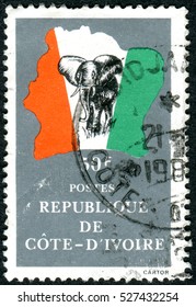 IVORY COAST - CIRCA 1982: A Stamp Printed In Ivory Coast, Shows The Elephant In Front Of Map Of Ivory Coast, Circa 1982