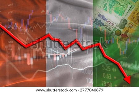 Ivory Coast financial fall on economy market. Ivorian financial crisis on economic graph