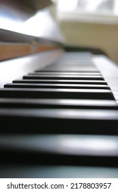 Ivory And Ebony Piano Keys On Musical Instrument Used By Musician To Create And Play Relaxing Symphony Or Classical Song. Closeup And Macro Detail Of Creative Talent Equipment In Home Or Music School