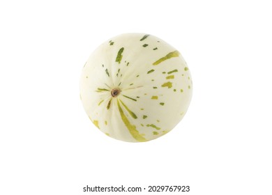 Ivory gaya melon with green and yellow dashed striations and flecks isolated on white. Colorful ripe fruit.