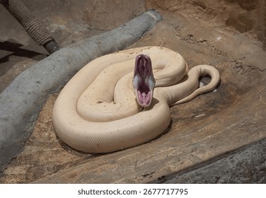 Ivory reticulated python. Close-up of a beautiful cream-colored python