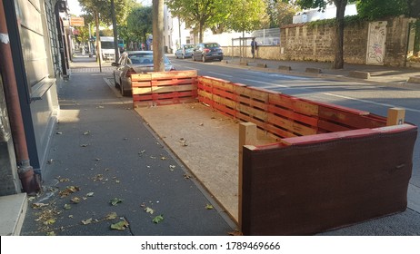 Ivry-Sur-Seine, France - 08 04 2020 : New Bar Terrasse Of A French Cafe Installed On A Parking Spot Near Paris With Covid 19 Regulations