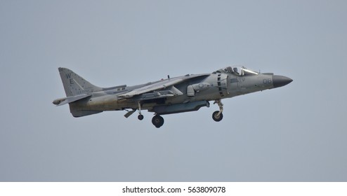 IWAKUNI, JAPAN - MAY 5, 2016: A U.S. Marines Harrier Jet Fighter Takes Off Vertically On The Japan-U.S. Friendship Day.