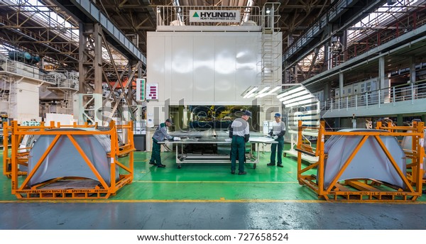 IZHEVSK, RUSSIA - AUGUST 15, 2017: Sheet Metal\
Stamping production. Metalworking machines. Machine-building\
enterprise. Stamping production workshop of new LADA Vesta SW Cross\
car in Automobile\
Plant