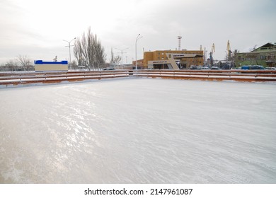 Izmail, Ukraine. February 2022. Empty Skating Ice Rink Outdoors, City Leisure. No People, Curfew. War In Ukaine, Russian Military Invasion