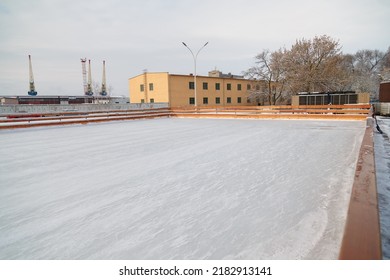 Izmail, Ukraine. February 2022. Empty Skating Ice Rink Outdoors, City Leisure. No People, Curfew Or Lockdown. War In Ukaine