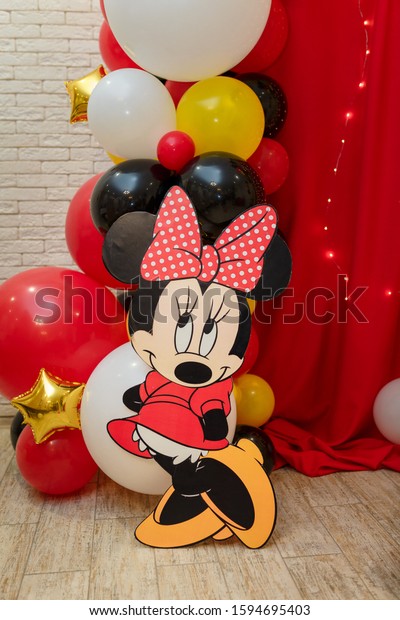 Minnie Mouse wallpaper. Character of Walt Disney cartoon with colorful balloons for children. 