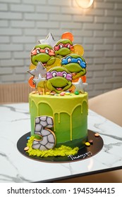 Izmail, Ukraine. November 2020. Birthday cake with Teenage Mutant Ninja Turtles for 5 years old boy theme birthday party